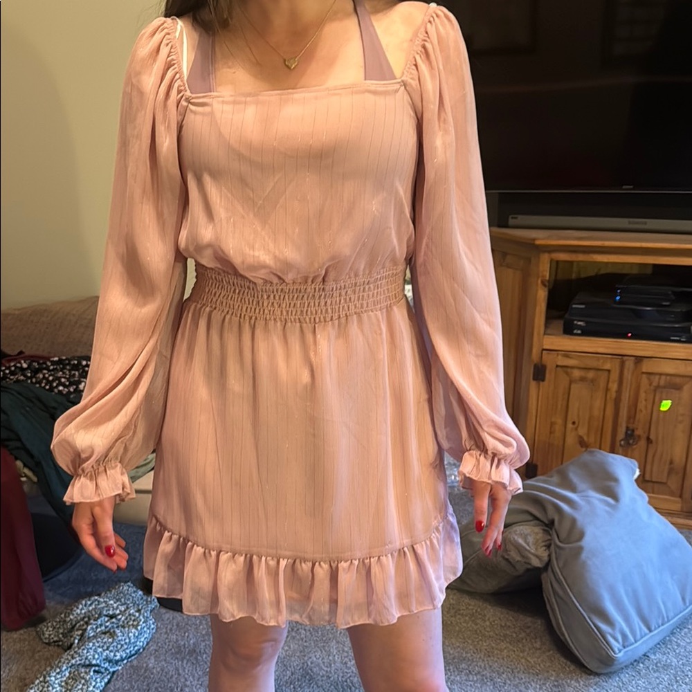 Altar'd State Pink Ruffled Tiered Long Sleeve Dress